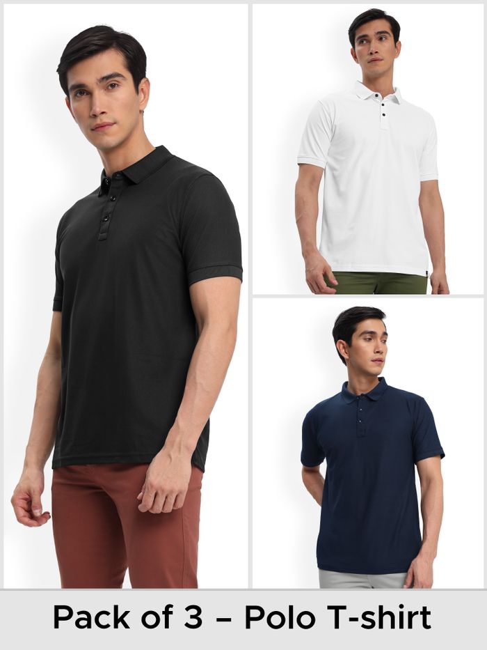 Polo T-shirt Combo Pack of 3 (Black, White, & Blue)